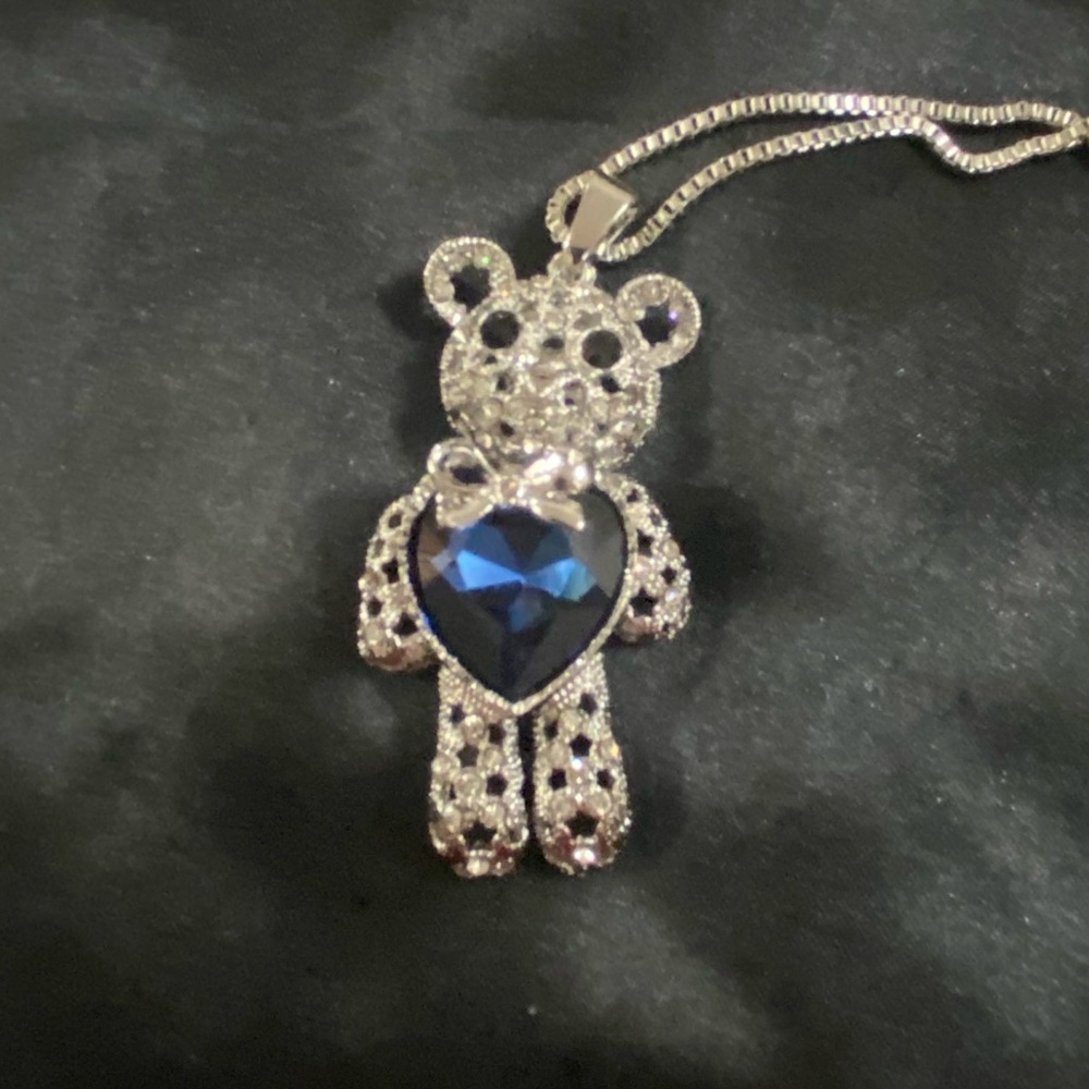 NWT Betsey Johnson Silver Bear with Navy Blue Gem Necklace